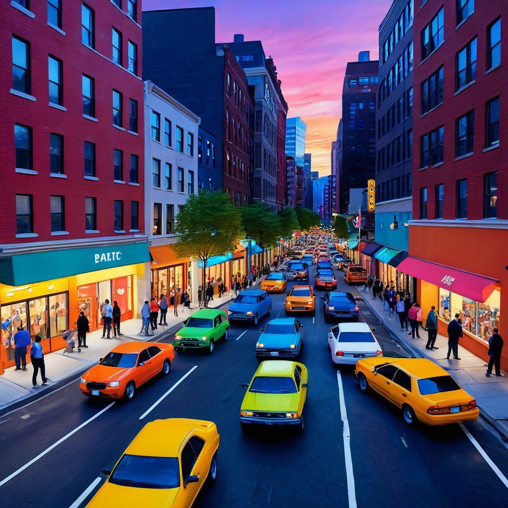 A dynamic city street scene showcasing a diverse group of drivers skillfully maneuvering their cars into tight parking spots between colorful urban buildings. Include street elements like traffic cones and onlookers cheering, depicting a sense of excitement and challenge. Brightly lit at dusk with a bustling atmosphere. cartoonish style. vibrant colors. 3D.