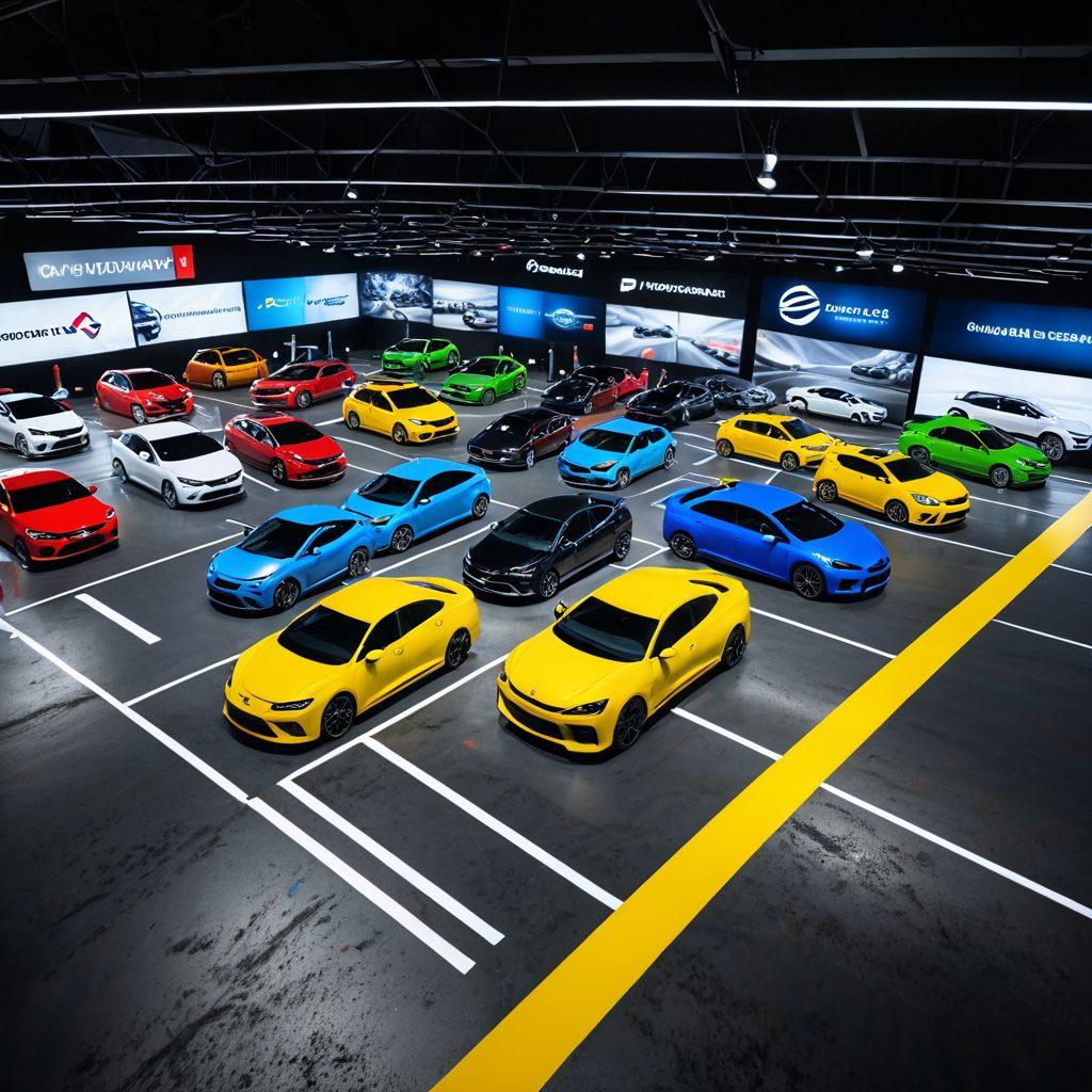 A dynamic scene showcasing a colorful parking simulation training environment filled with interactive car models and enthusiastic participants. Include elements like virtual screens displaying parking challenges, various obstacles, and realistic traffic signals. The composition should evoke a sense of fun and engagement, with people of diverse backgrounds enjoying the training. Bright, vibrant colors with a modern, tech-inspired aesthetic. 3D. vibrant colors.
